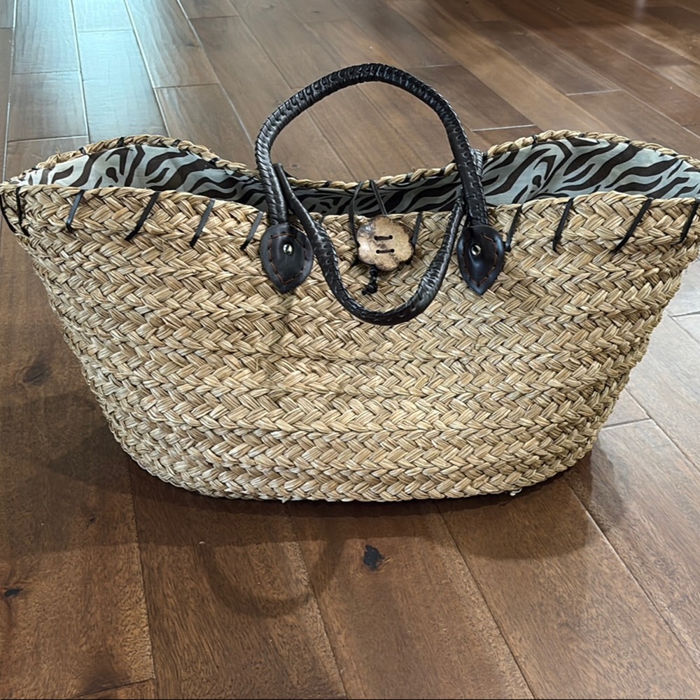 Woven Straw Tote with Black Handles